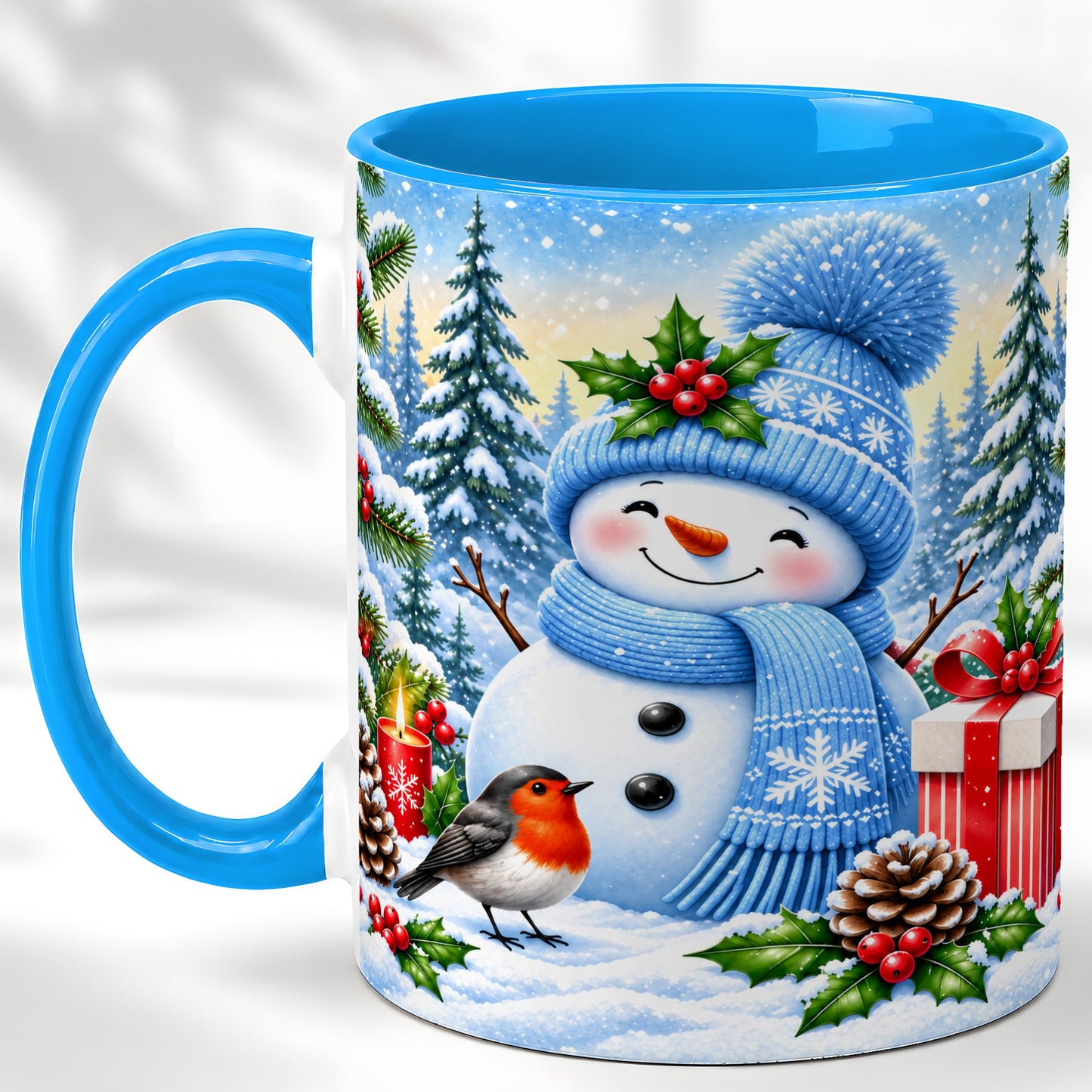 #pl[11oz|Blue] Winter Snowman Coffee Mug, Robin Bird Mug, Ceramic Cup