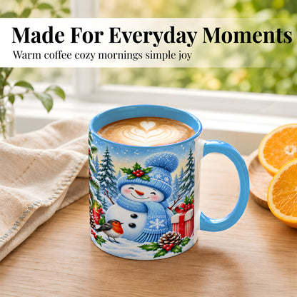 #pl[11oz|Blue] Winter Snowman Coffee Mug, Robin Bird Mug, Ceramic Cup