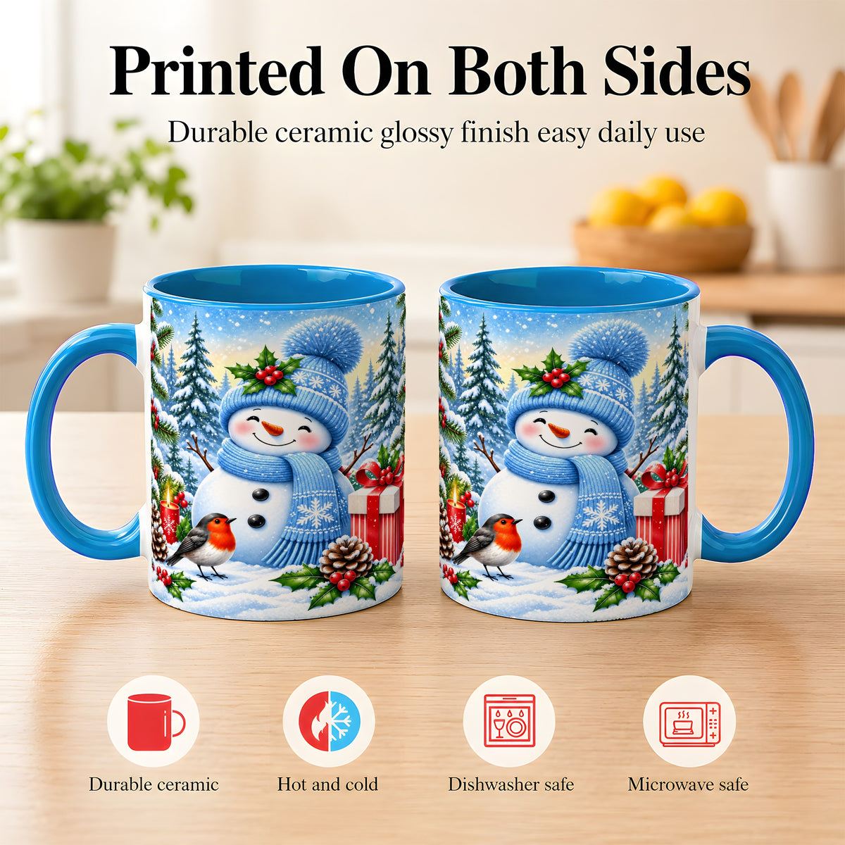 #pl[11oz|Blue] Winter Snowman Coffee Mug, Robin Bird Mug, Ceramic Cup