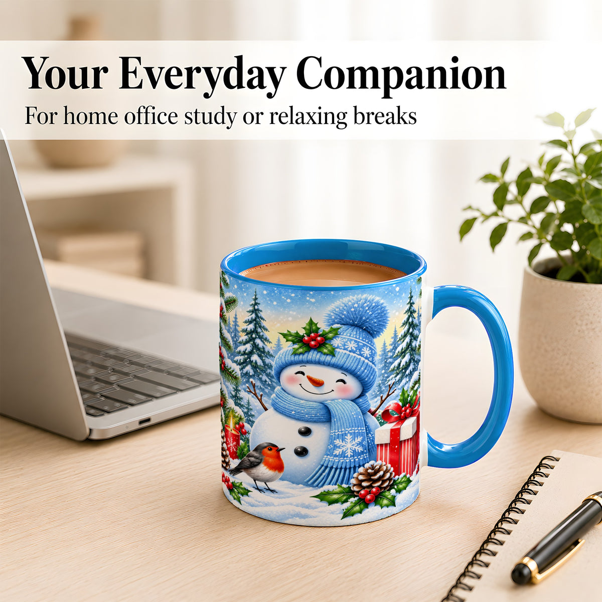 #pl[11oz|Blue] Winter Snowman Coffee Mug, Robin Bird Mug, Ceramic Cup