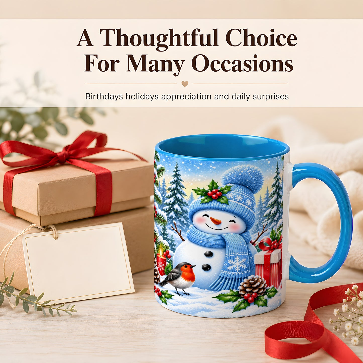 #pl[11oz|Blue] Winter Snowman Coffee Mug, Robin Bird Mug, Ceramic Cup