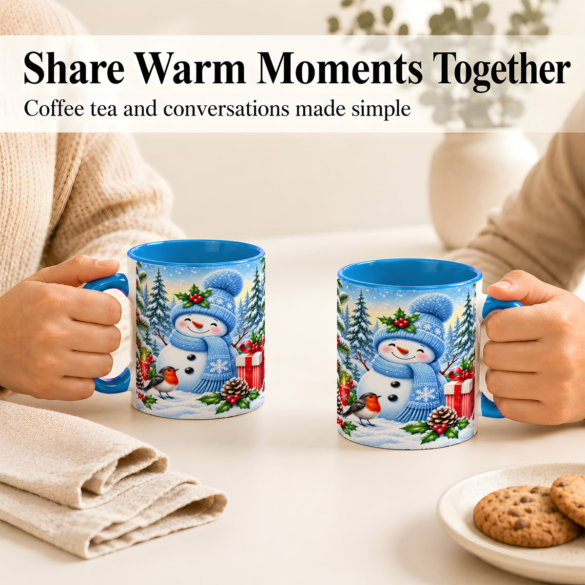#pl[11oz|Blue] Winter Snowman Coffee Mug, Robin Bird Mug, Ceramic Cup