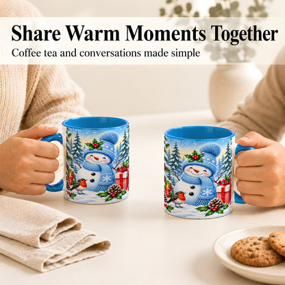 #pl[11oz|Blue] Winter Snowman Coffee Mug, Robin Bird Mug, Ceramic Cup