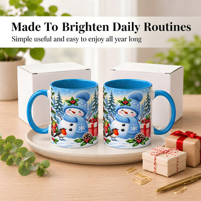 #pl[11oz|Blue] Winter Snowman Coffee Mug, Robin Bird Mug, Ceramic Cup