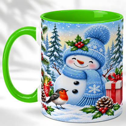 #pl[11oz|Green] Winter Snowman Coffee Mug, Robin Bird Mug, Ceramic Cup