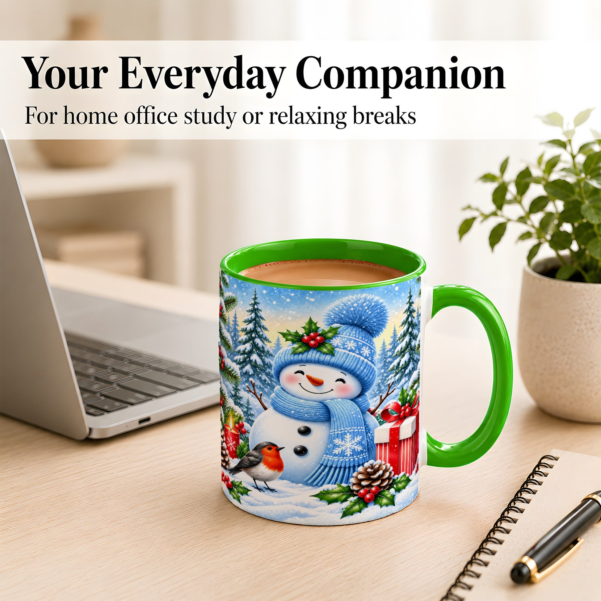 #pl[11oz|Green] Winter Snowman Coffee Mug, Robin Bird Mug, Ceramic Cup
