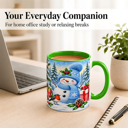 #pl[11oz|Green] Winter Snowman Coffee Mug, Robin Bird Mug, Ceramic Cup