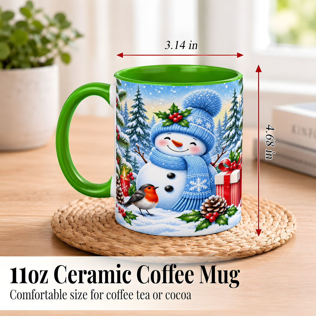 #pl[11oz|Green] Winter Snowman Coffee Mug, Robin Bird Mug, Ceramic Cup