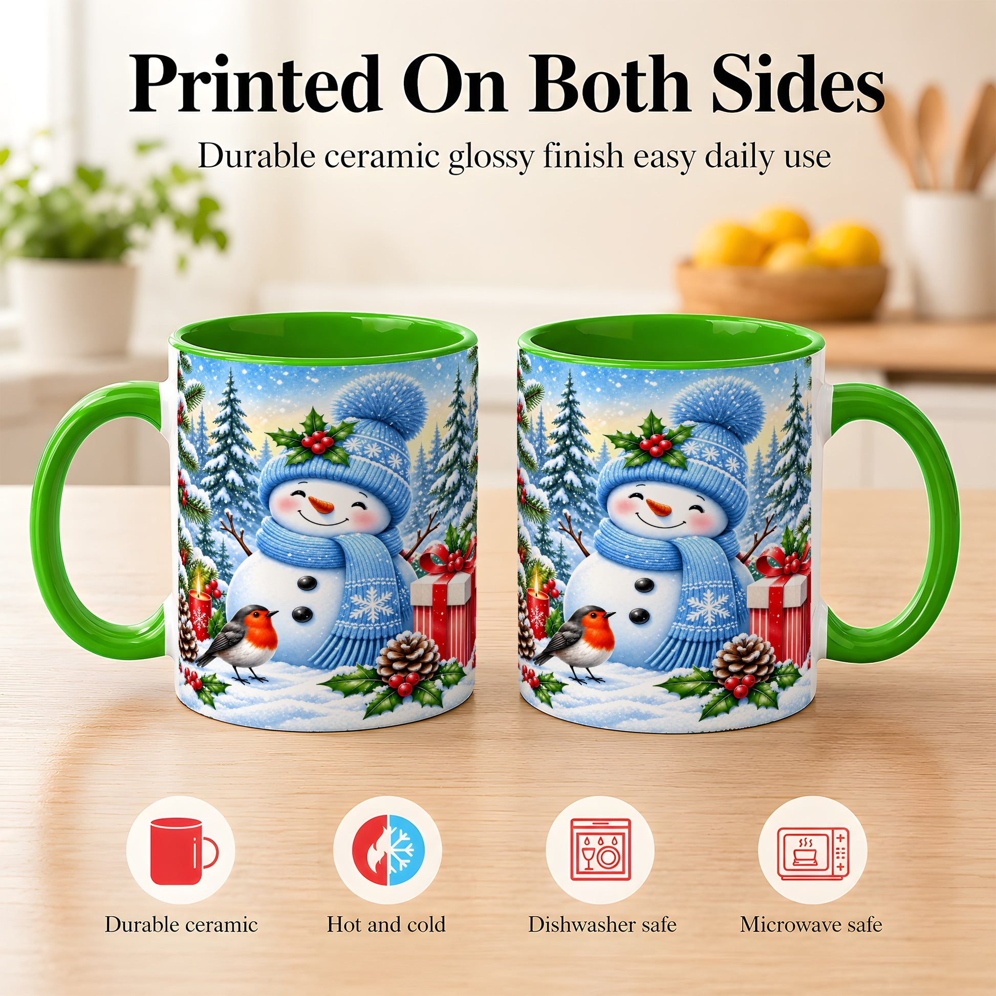 #pl[11oz|Green] Winter Snowman Coffee Mug, Robin Bird Mug, Ceramic Cup