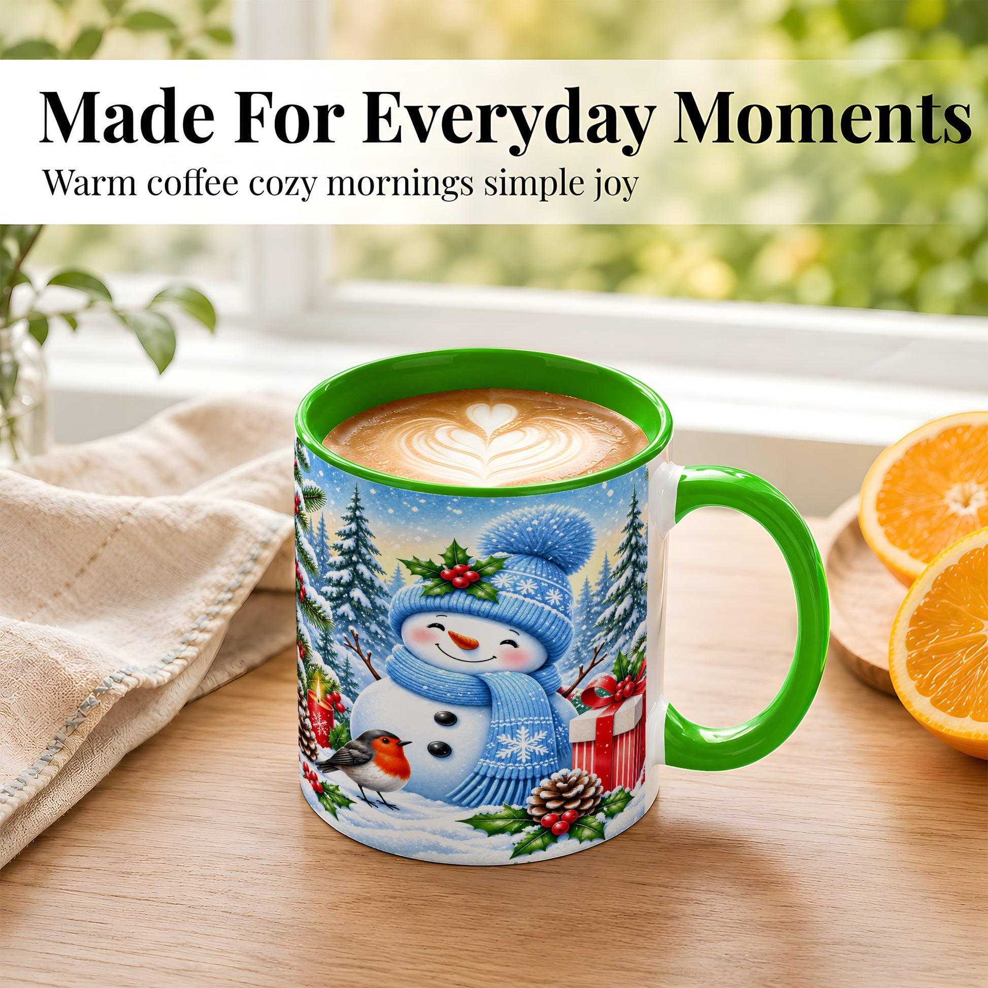 #pl[11oz|Green] Winter Snowman Coffee Mug, Robin Bird Mug, Ceramic Cup