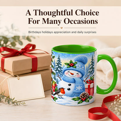 #pl[11oz|Green] Winter Snowman Coffee Mug, Robin Bird Mug, Ceramic Cup