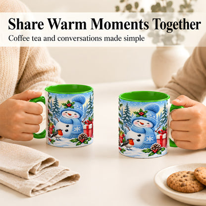 #pl[11oz|Green] Winter Snowman Coffee Mug, Robin Bird Mug, Ceramic Cup