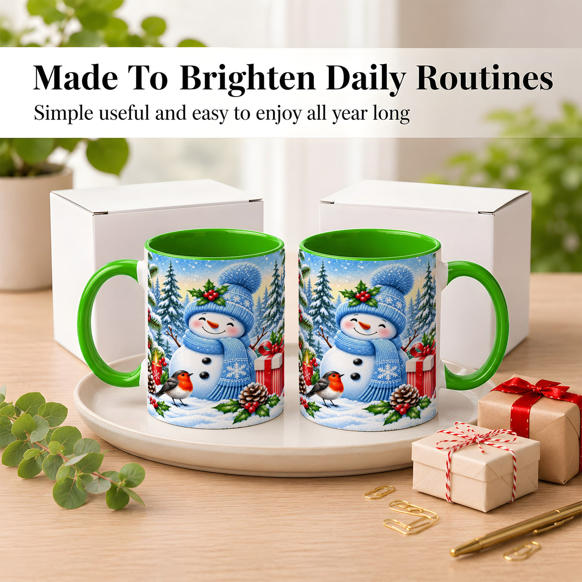 #pl[11oz|Green] Winter Snowman Coffee Mug, Robin Bird Mug, Ceramic Cup