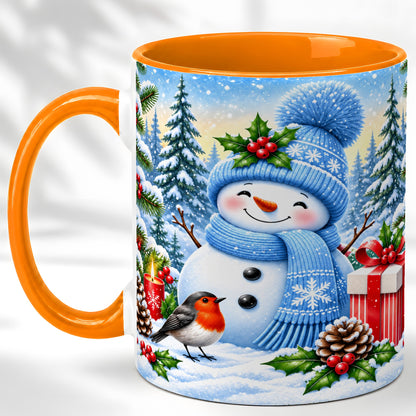 #pl[11oz|Orange] Winter Snowman Coffee Mug, Robin Bird Mug, Ceramic Cup