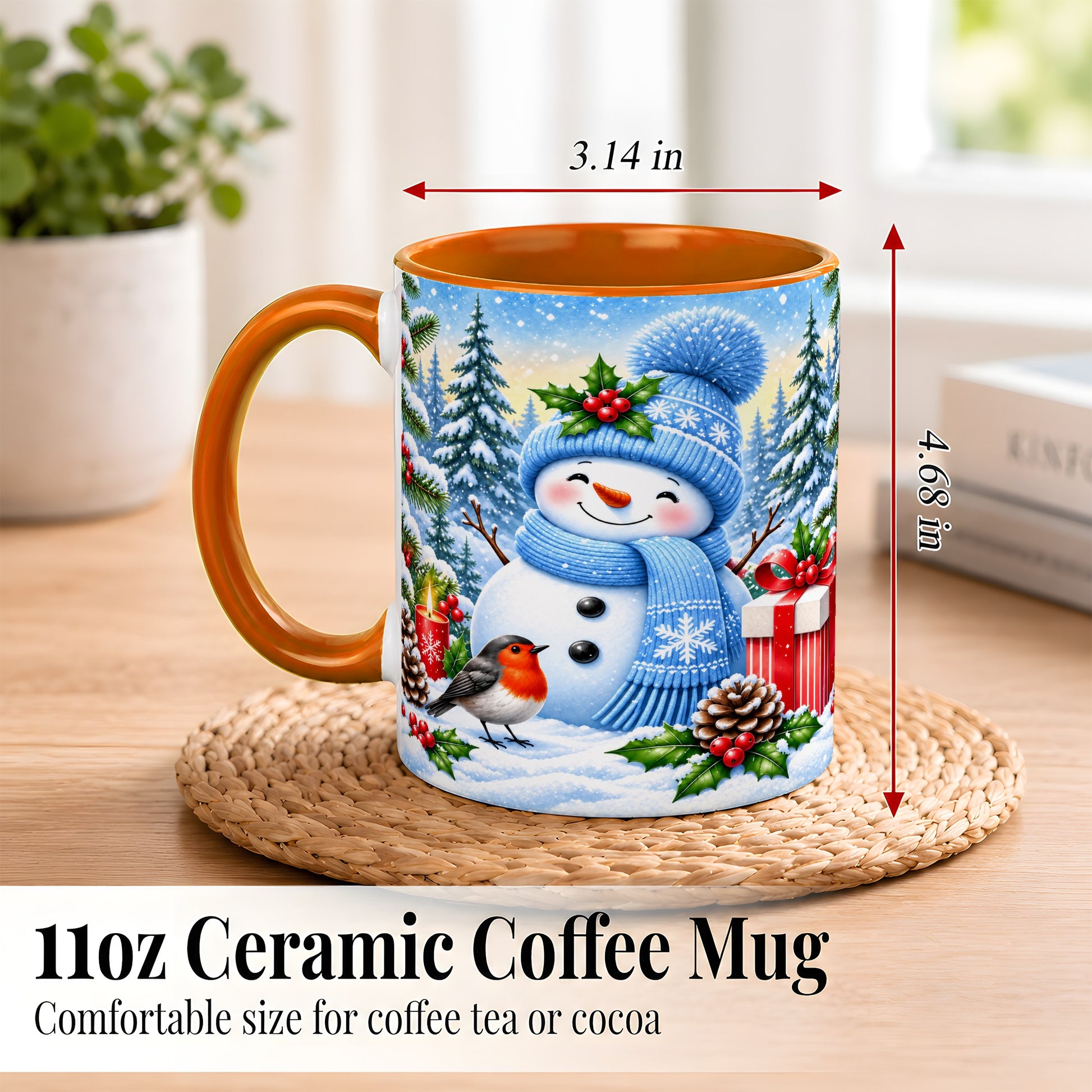 #pl[11oz|Orange] Winter Snowman Coffee Mug, Robin Bird Mug, Ceramic Cup