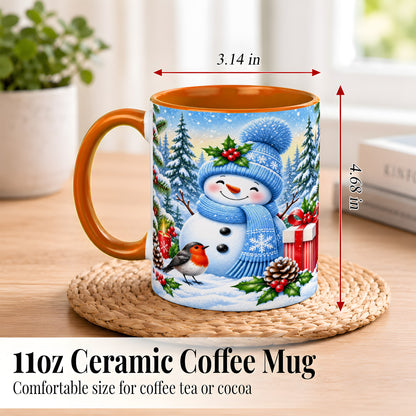 #pl[11oz|Orange] Winter Snowman Coffee Mug, Robin Bird Mug, Ceramic Cup
