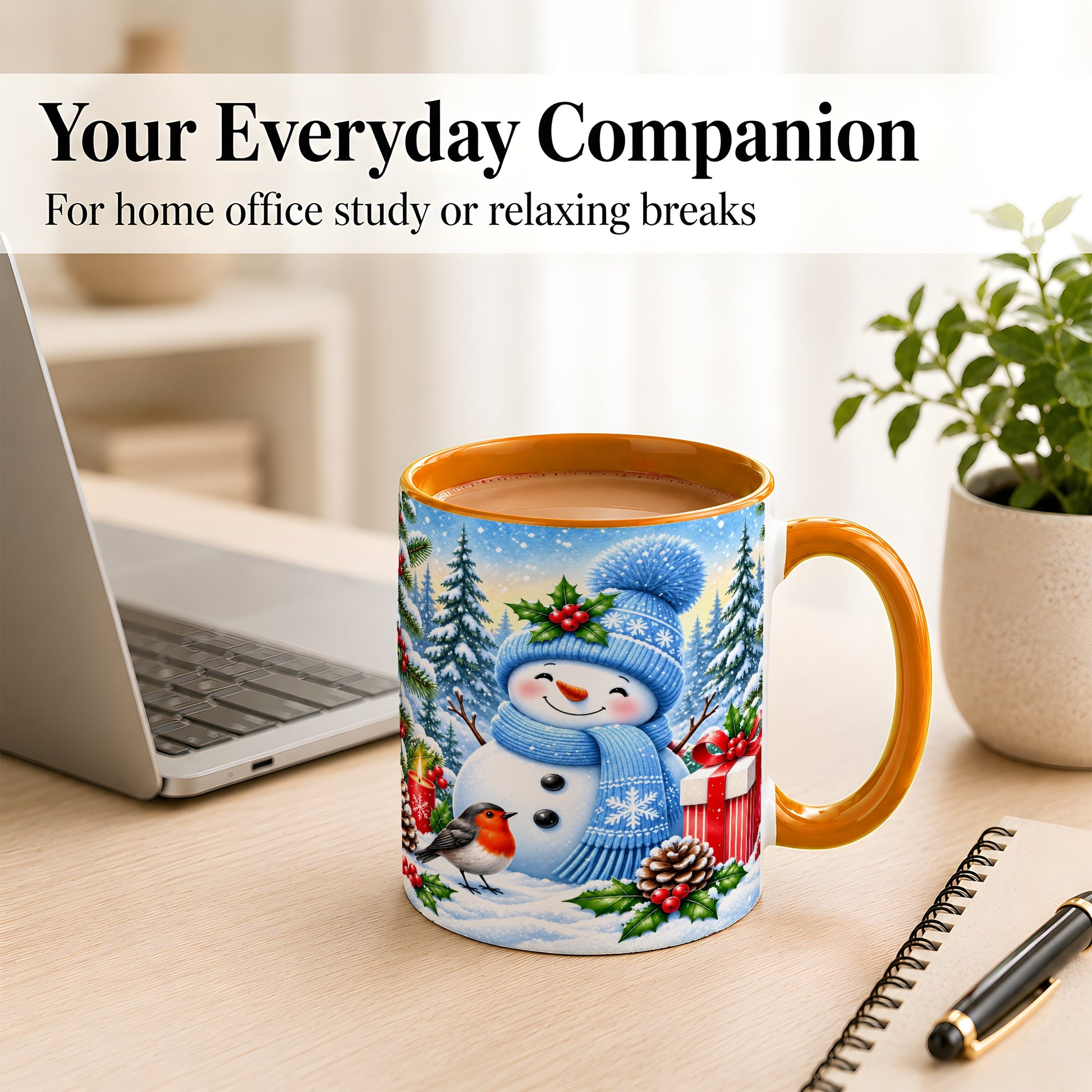 #pl[11oz|Orange] Winter Snowman Coffee Mug, Robin Bird Mug, Ceramic Cup