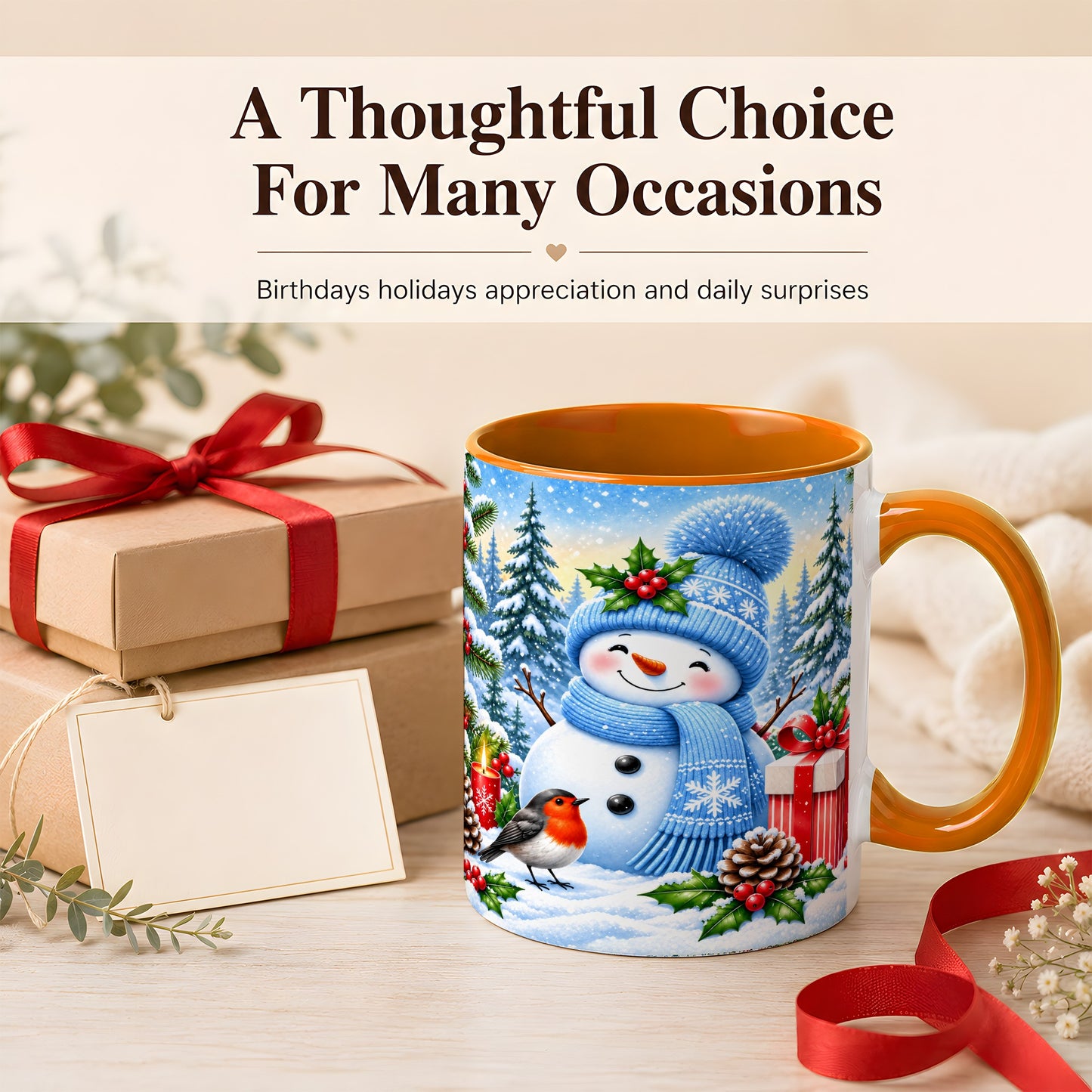 #pl[11oz|Orange] Winter Snowman Coffee Mug, Robin Bird Mug, Ceramic Cup