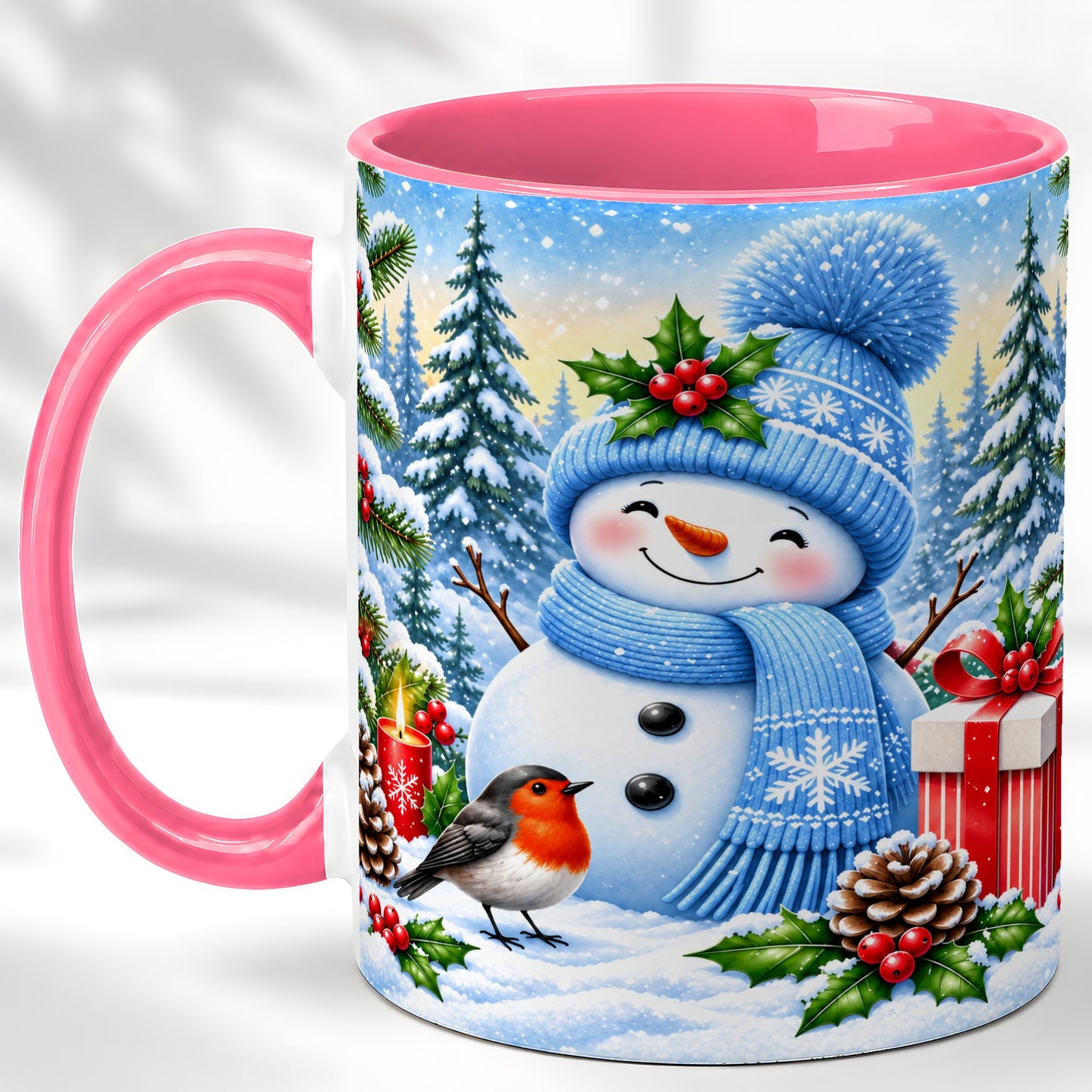 #pl[11oz|Pink] Winter Snowman Coffee Mug, Robin Bird Mug, Ceramic Cup