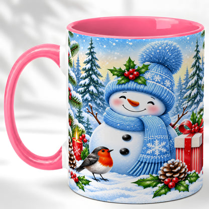 #pl[11oz|Pink] Winter Snowman Coffee Mug, Robin Bird Mug, Ceramic Cup