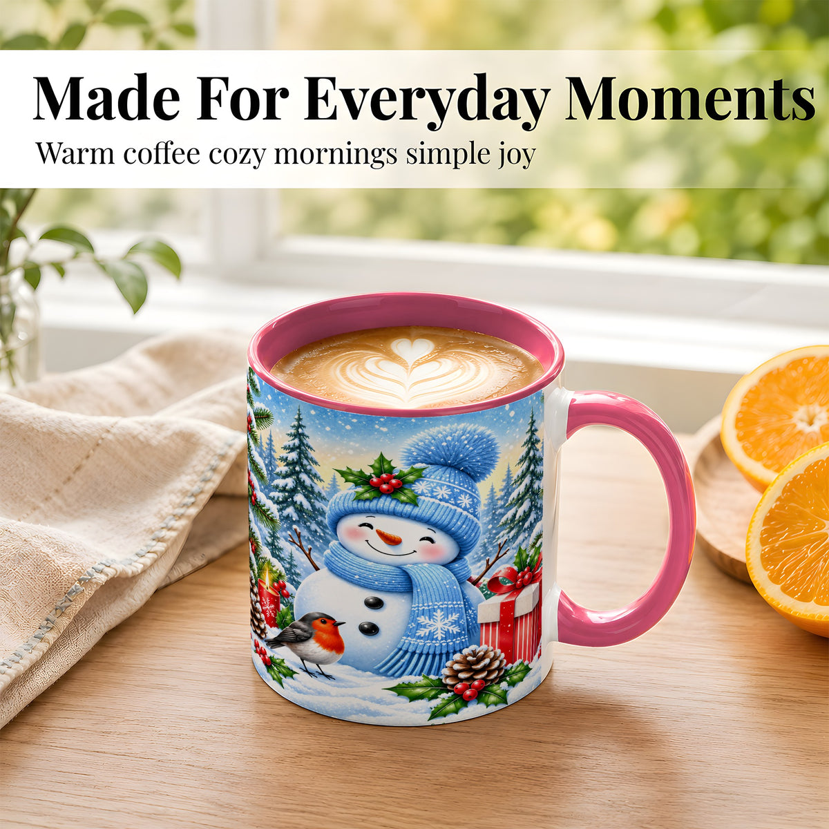 #pl[11oz|Pink] Winter Snowman Coffee Mug, Robin Bird Mug, Ceramic Cup