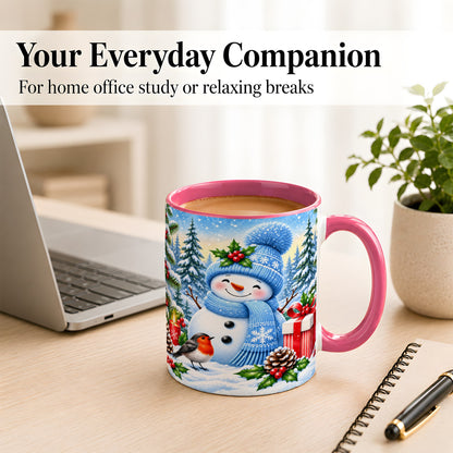 #pl[11oz|Pink] Winter Snowman Coffee Mug, Robin Bird Mug, Ceramic Cup