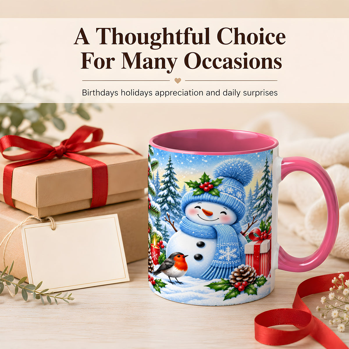 #pl[11oz|Pink] Winter Snowman Coffee Mug, Robin Bird Mug, Ceramic Cup