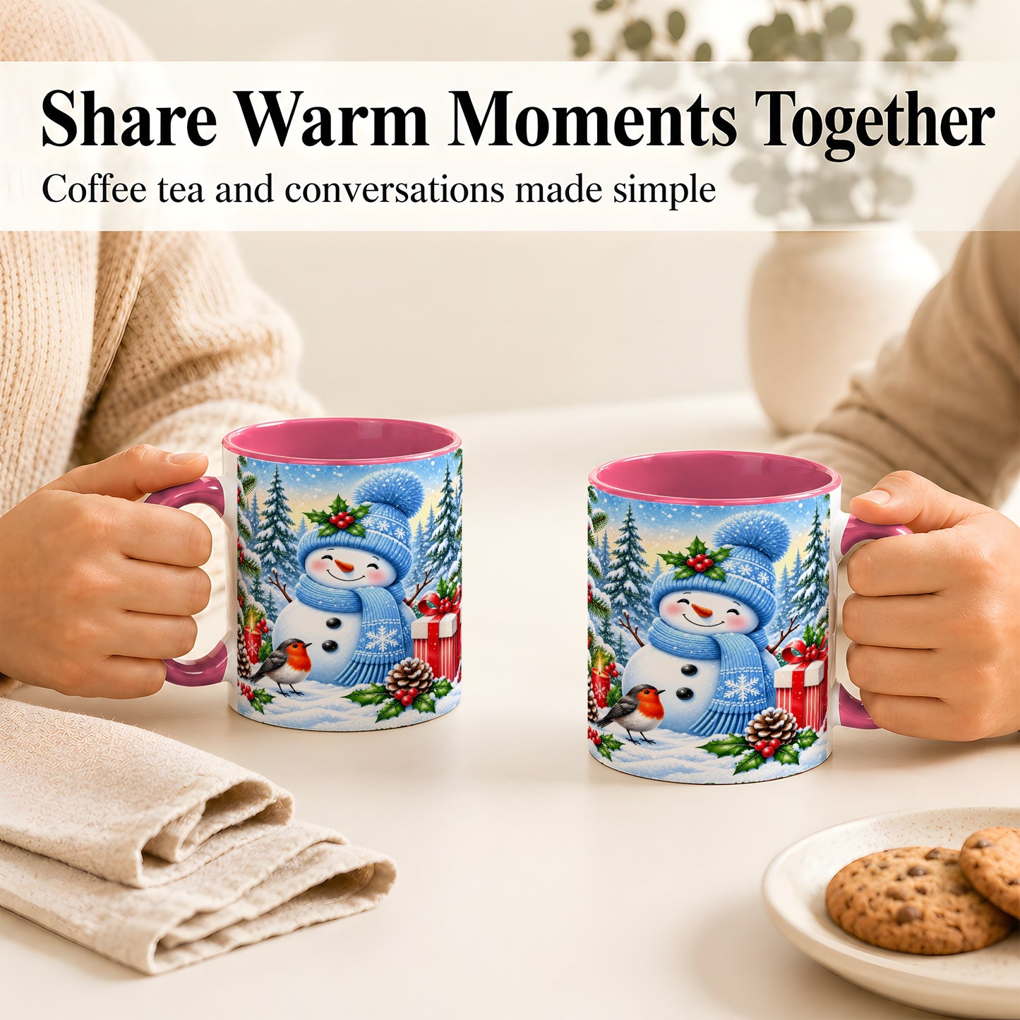 #pl[11oz|Pink] Winter Snowman Coffee Mug, Robin Bird Mug, Ceramic Cup