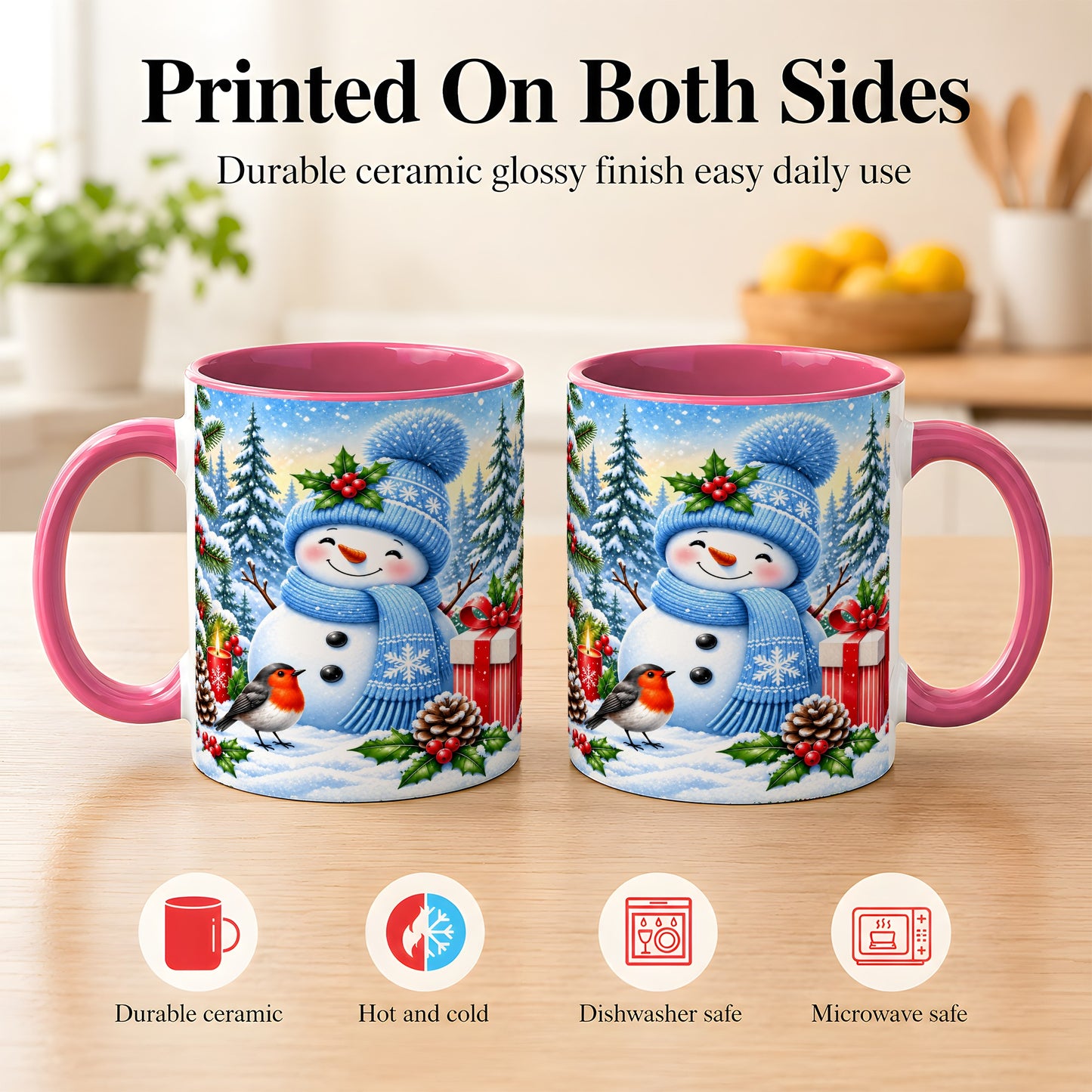 #pl[11oz|Pink] Winter Snowman Coffee Mug, Robin Bird Mug, Ceramic Cup