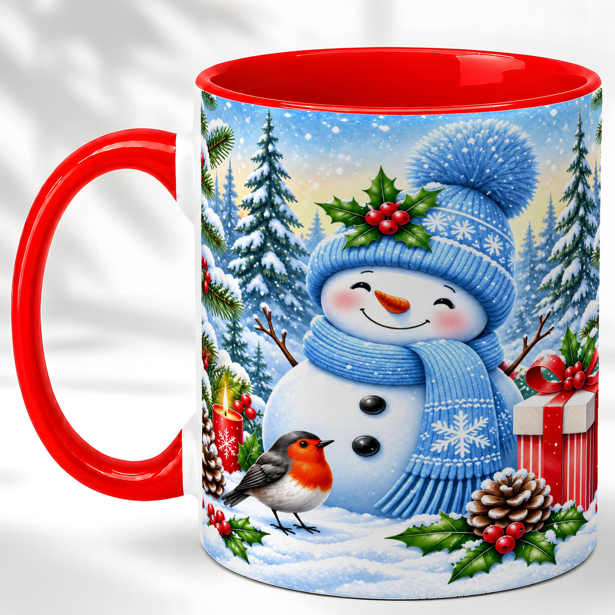 Winter Snowman Coffee Mug, Robin Bird Mug, Ceramic Cup