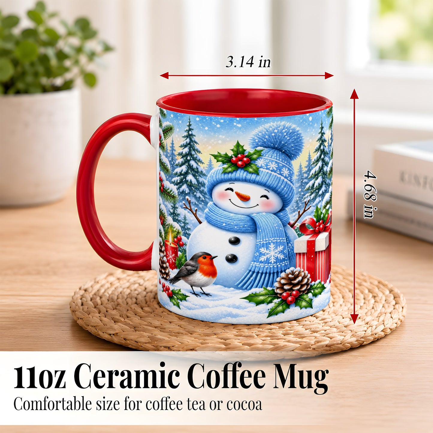 #pl[11oz|Red] Winter Snowman Coffee Mug, Robin Bird Mug, Ceramic Cup