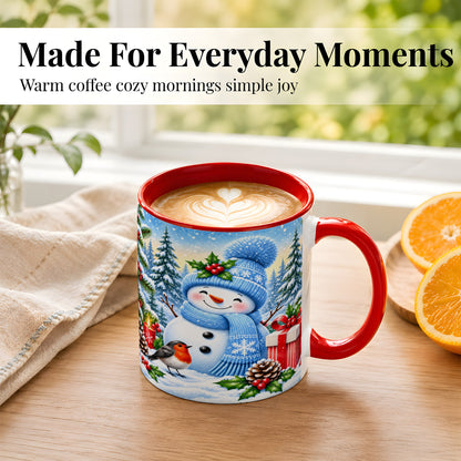 #pl[11oz|Red] Winter Snowman Coffee Mug, Robin Bird Mug, Ceramic Cup