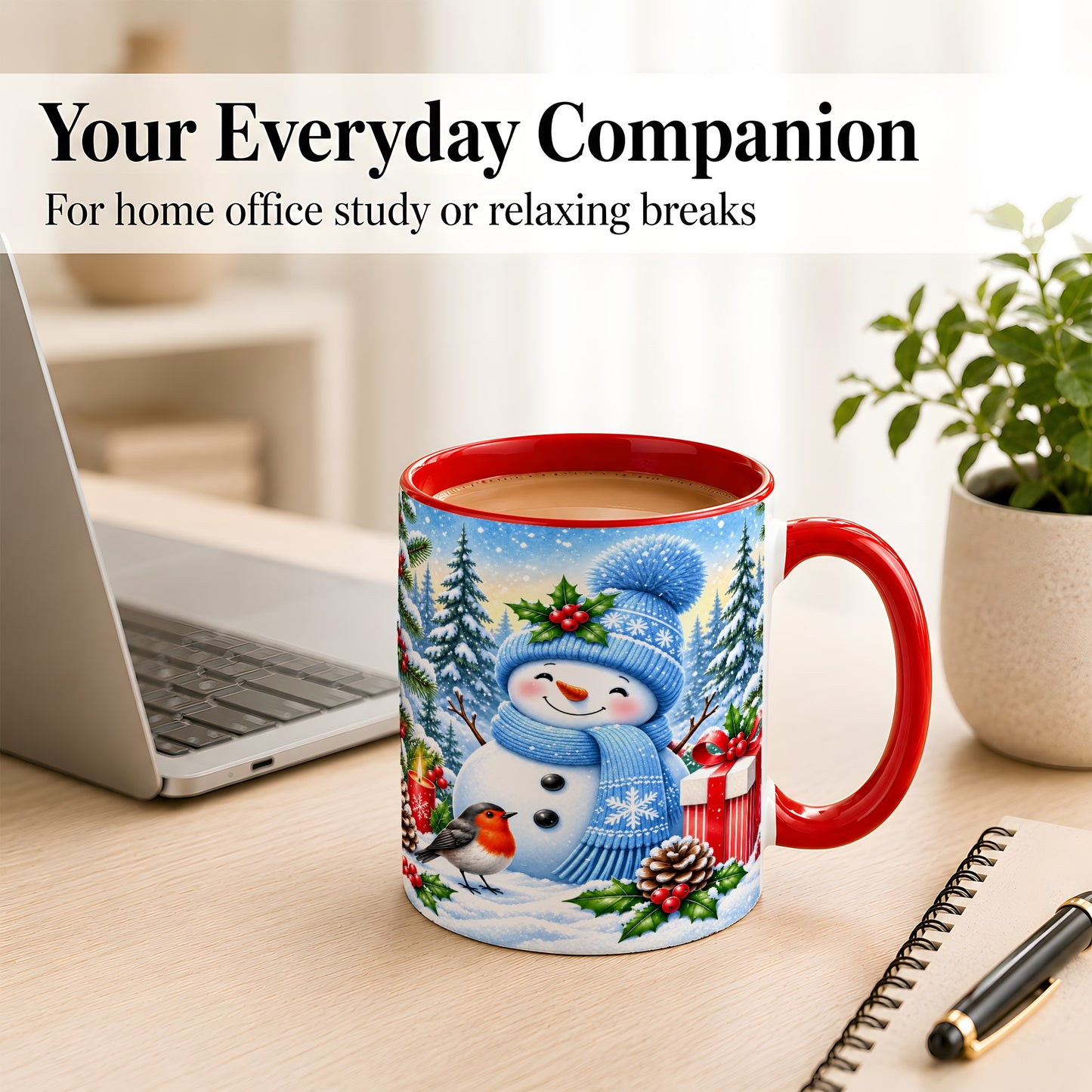 #pl[11oz|Red] Winter Snowman Coffee Mug, Robin Bird Mug, Ceramic Cup