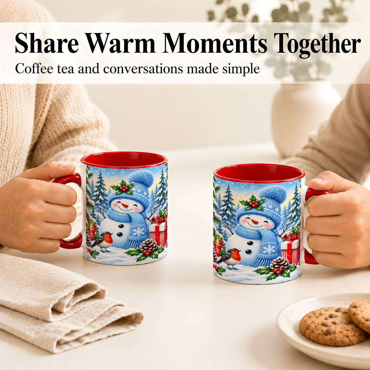 #pl[11oz|Red] Winter Snowman Coffee Mug, Robin Bird Mug, Ceramic Cup