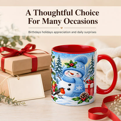 #pl[11oz|Red] Winter Snowman Coffee Mug, Robin Bird Mug, Ceramic Cup