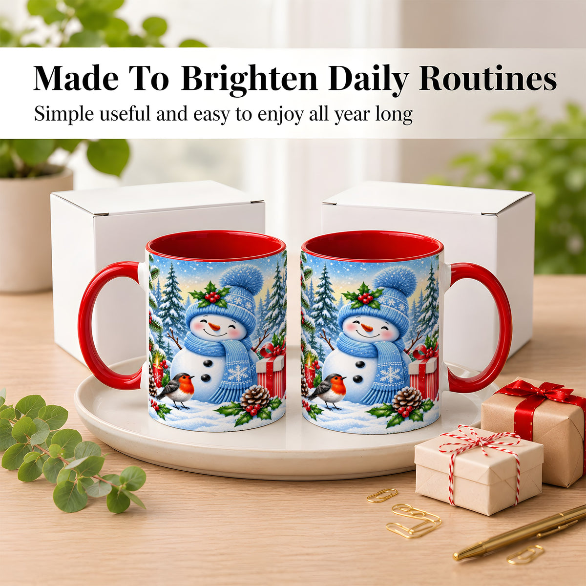 #pl[11oz|Red] Winter Snowman Coffee Mug, Robin Bird Mug, Ceramic Cup