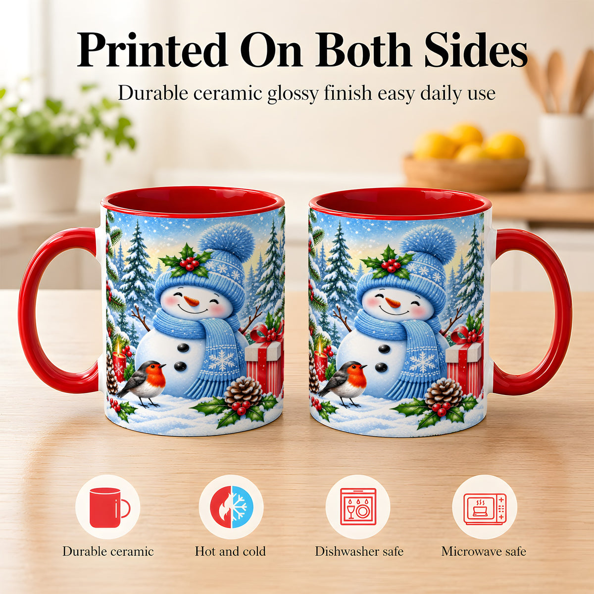 #pl[11oz|Red] Winter Snowman Coffee Mug, Robin Bird Mug, Ceramic Cup