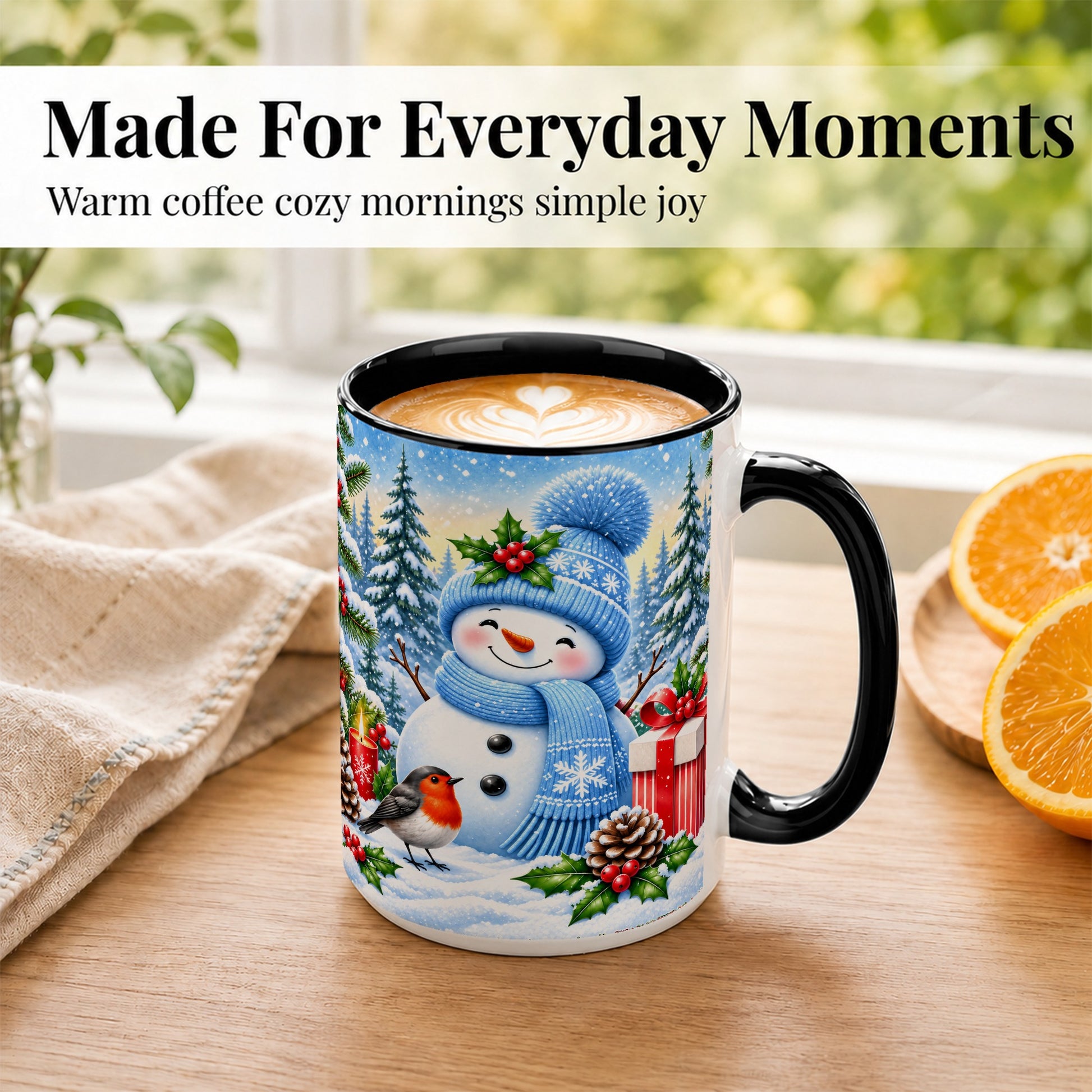 #pl[15oz|Black] Winter Snowman Coffee Mug, Robin Bird Mug, Ceramic Cup