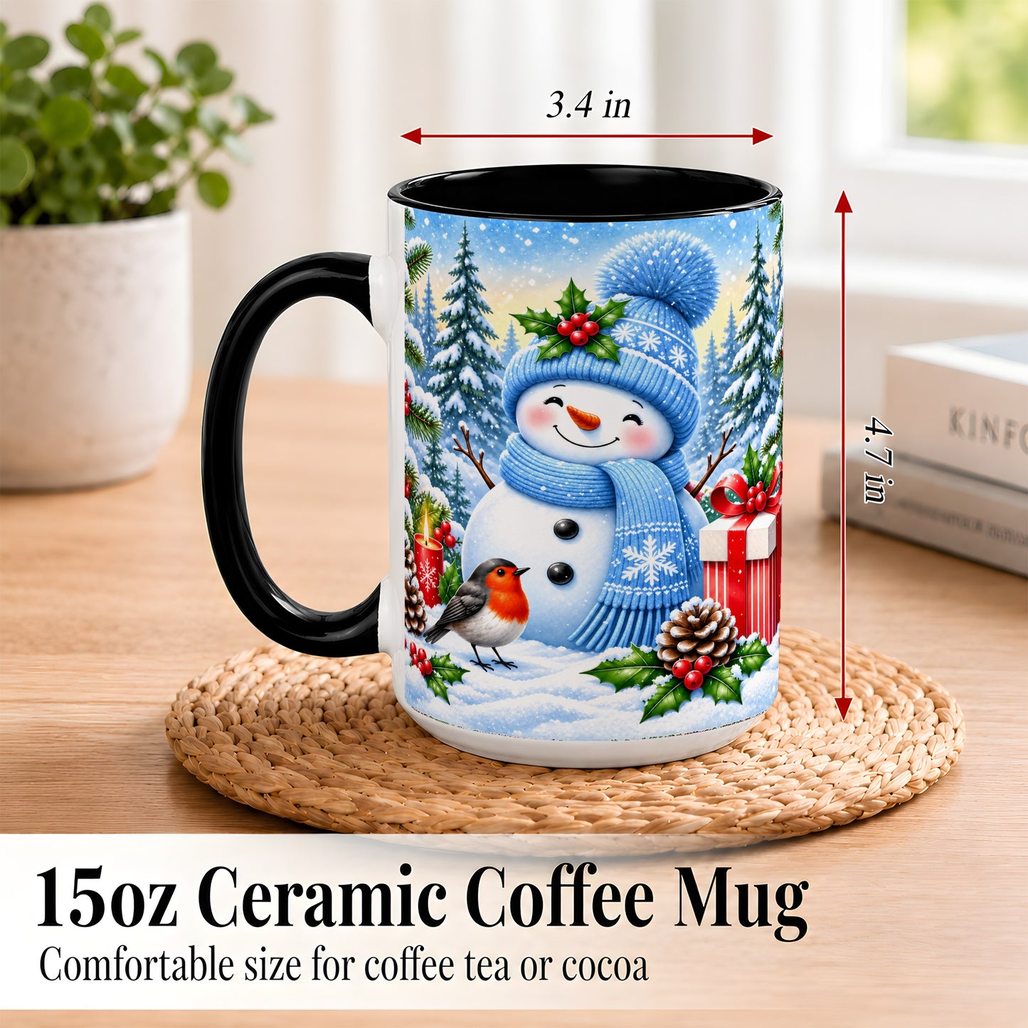 #pl[15oz|Black] Winter Snowman Coffee Mug, Robin Bird Mug, Ceramic Cup