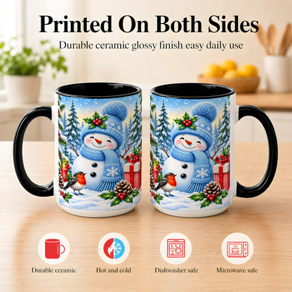 #pl[15oz|Black] Winter Snowman Coffee Mug, Robin Bird Mug, Ceramic Cup