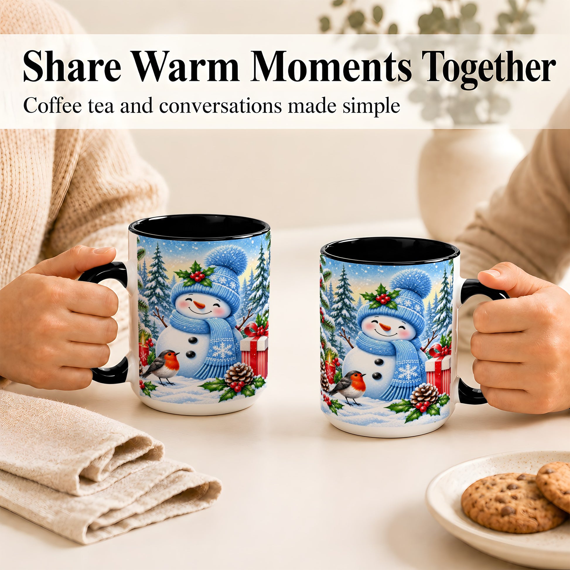 #pl[15oz|Black] Winter Snowman Coffee Mug, Robin Bird Mug, Ceramic Cup
