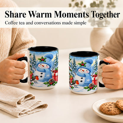 #pl[15oz|Black] Winter Snowman Coffee Mug, Robin Bird Mug, Ceramic Cup