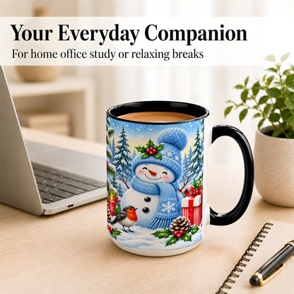 #pl[15oz|Black] Winter Snowman Coffee Mug, Robin Bird Mug, Ceramic Cup