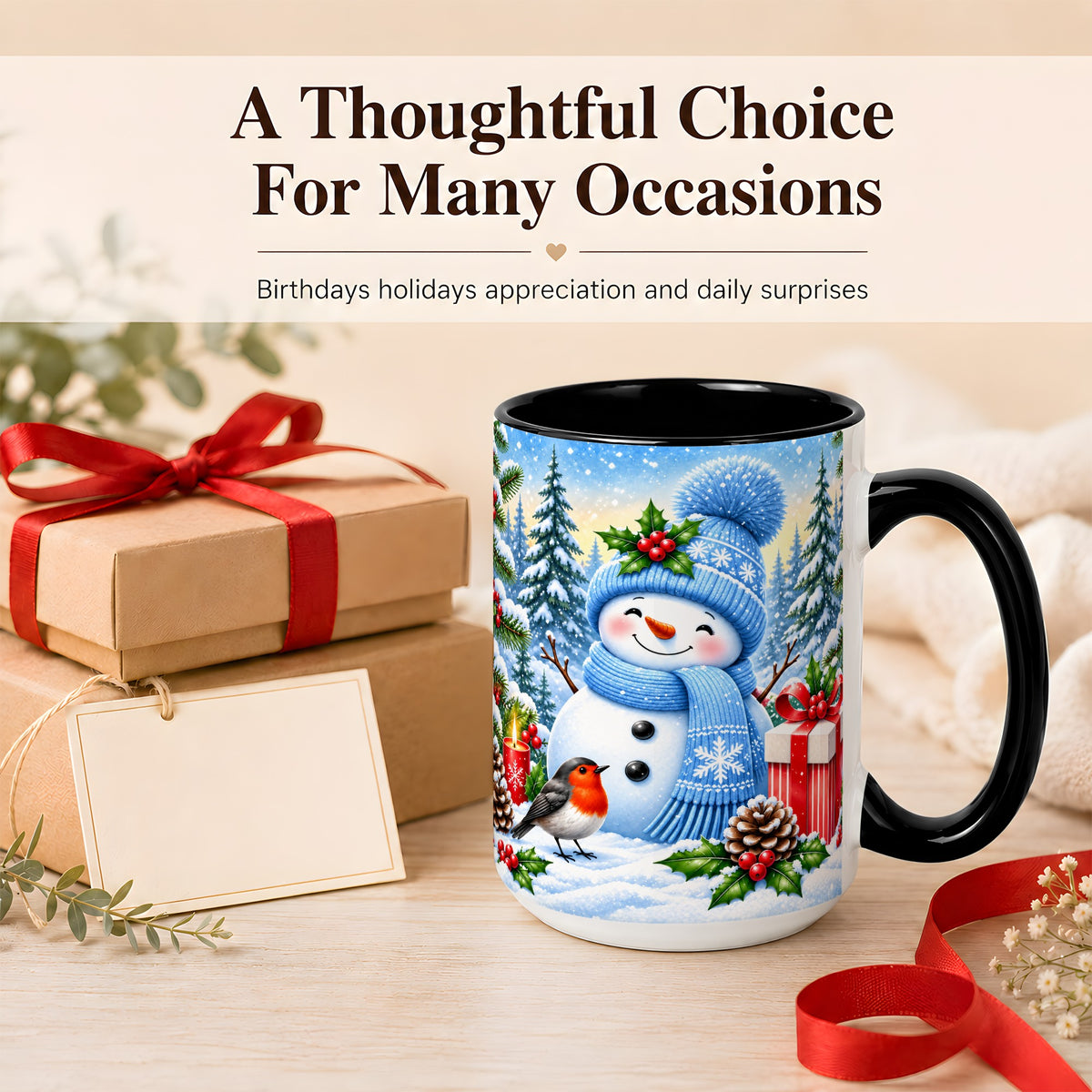 #pl[15oz|Black] Winter Snowman Coffee Mug, Robin Bird Mug, Ceramic Cup