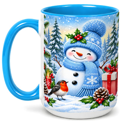 #pl[15oz|Blue] Winter Snowman Coffee Mug, Robin Bird Mug, Ceramic Cup