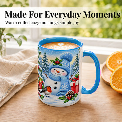 #pl[15oz|Blue] Winter Snowman Coffee Mug, Robin Bird Mug, Ceramic Cup