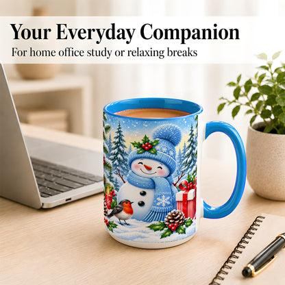 #pl[15oz|Blue] Winter Snowman Coffee Mug, Robin Bird Mug, Ceramic Cup