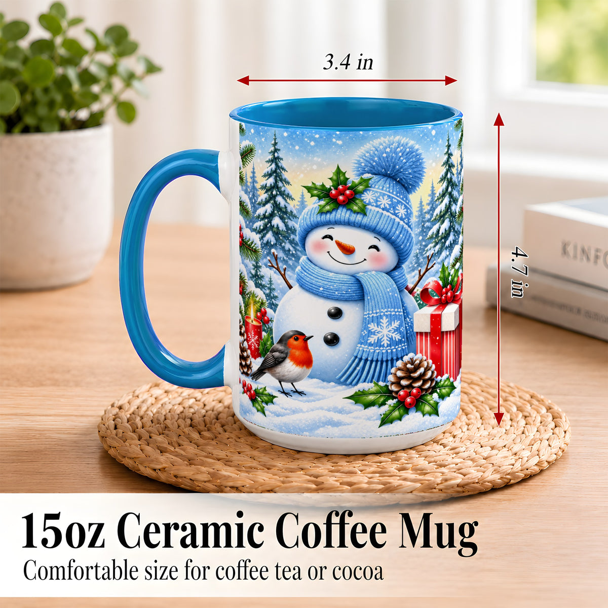 #pl[15oz|Blue] Winter Snowman Coffee Mug, Robin Bird Mug, Ceramic Cup
