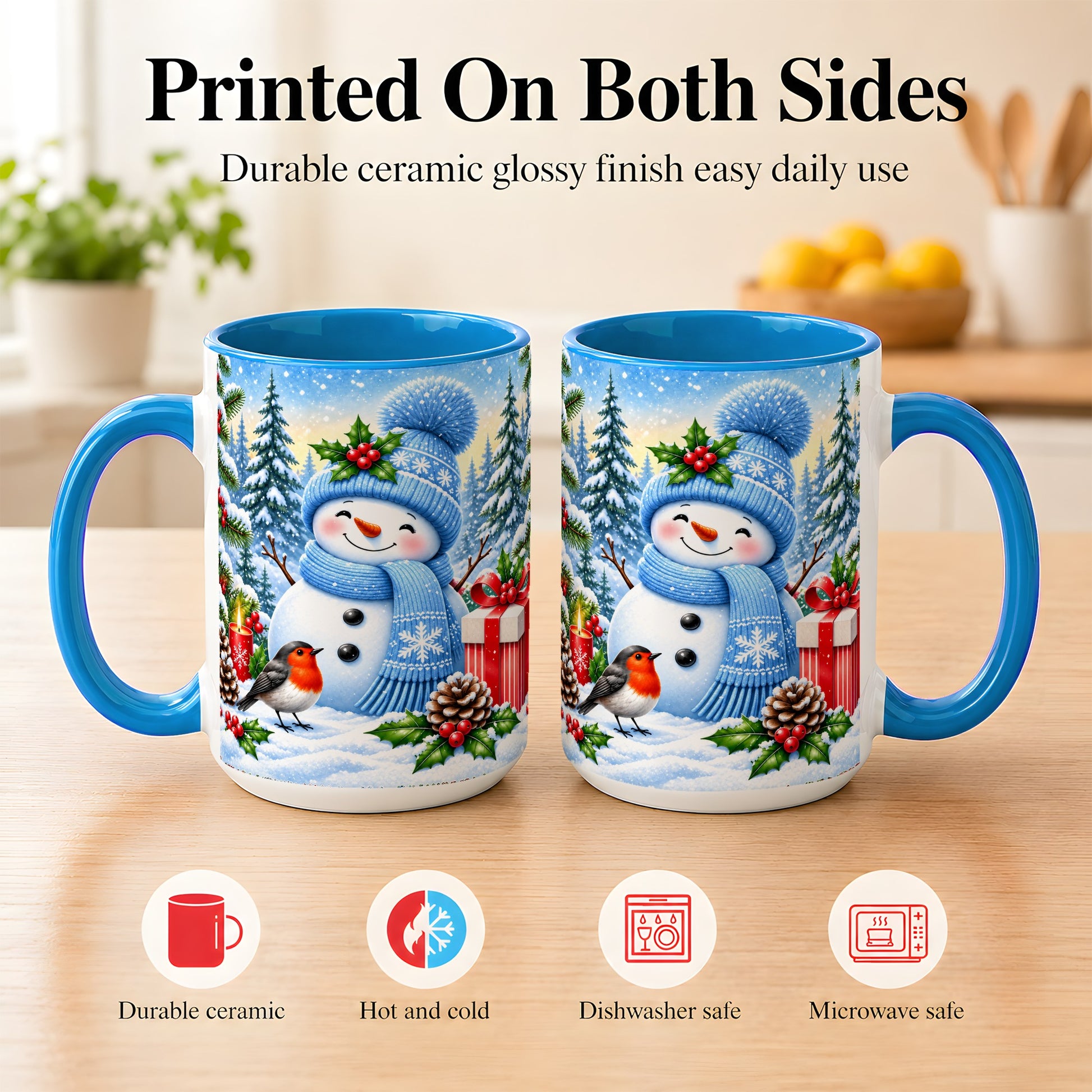 #pl[15oz|Blue] Winter Snowman Coffee Mug, Robin Bird Mug, Ceramic Cup
