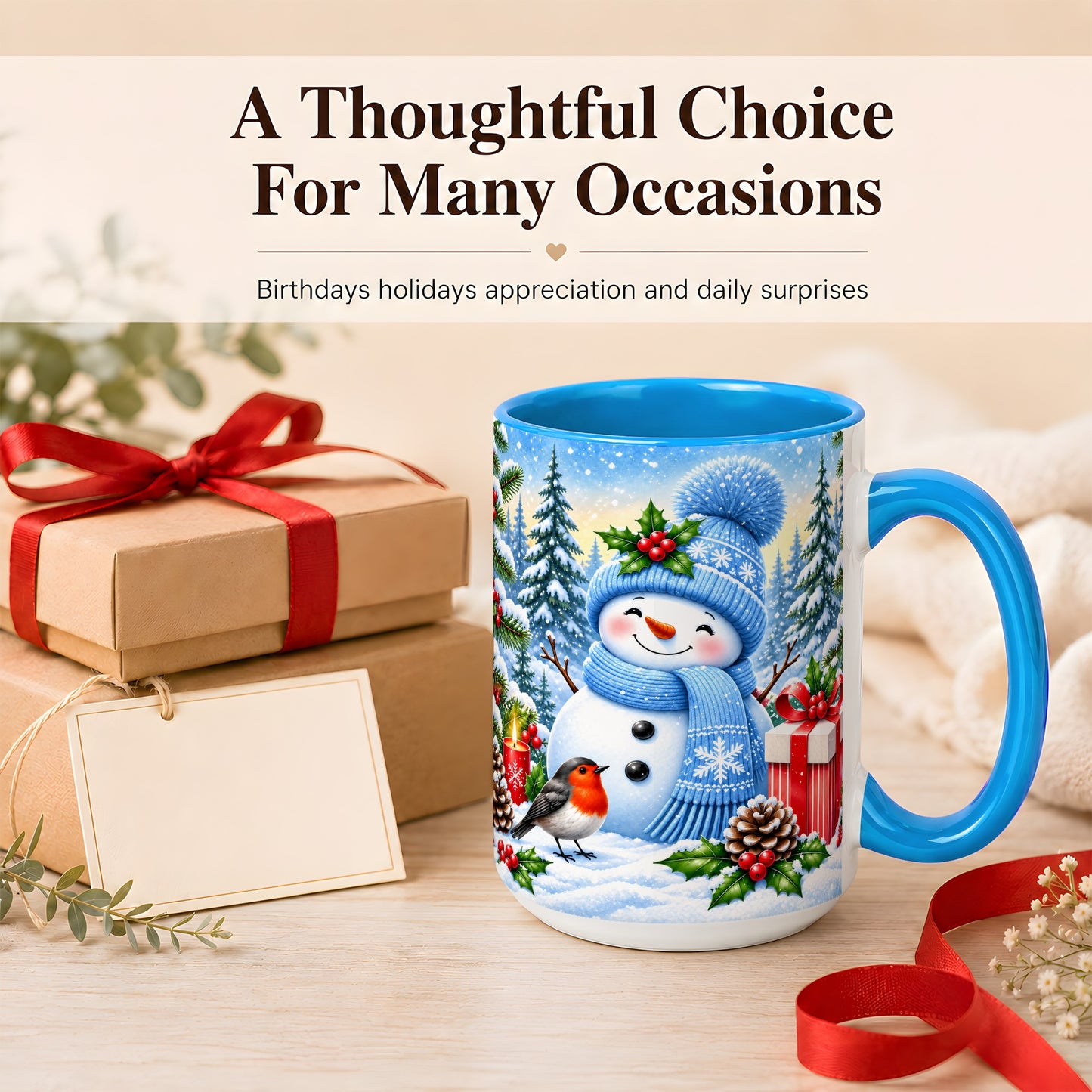 #pl[15oz|Blue] Winter Snowman Coffee Mug, Robin Bird Mug, Ceramic Cup